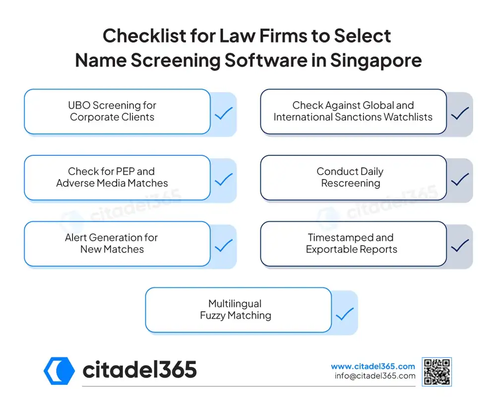 Checklist for Law Firms to Select Name Screening Software in Singapore